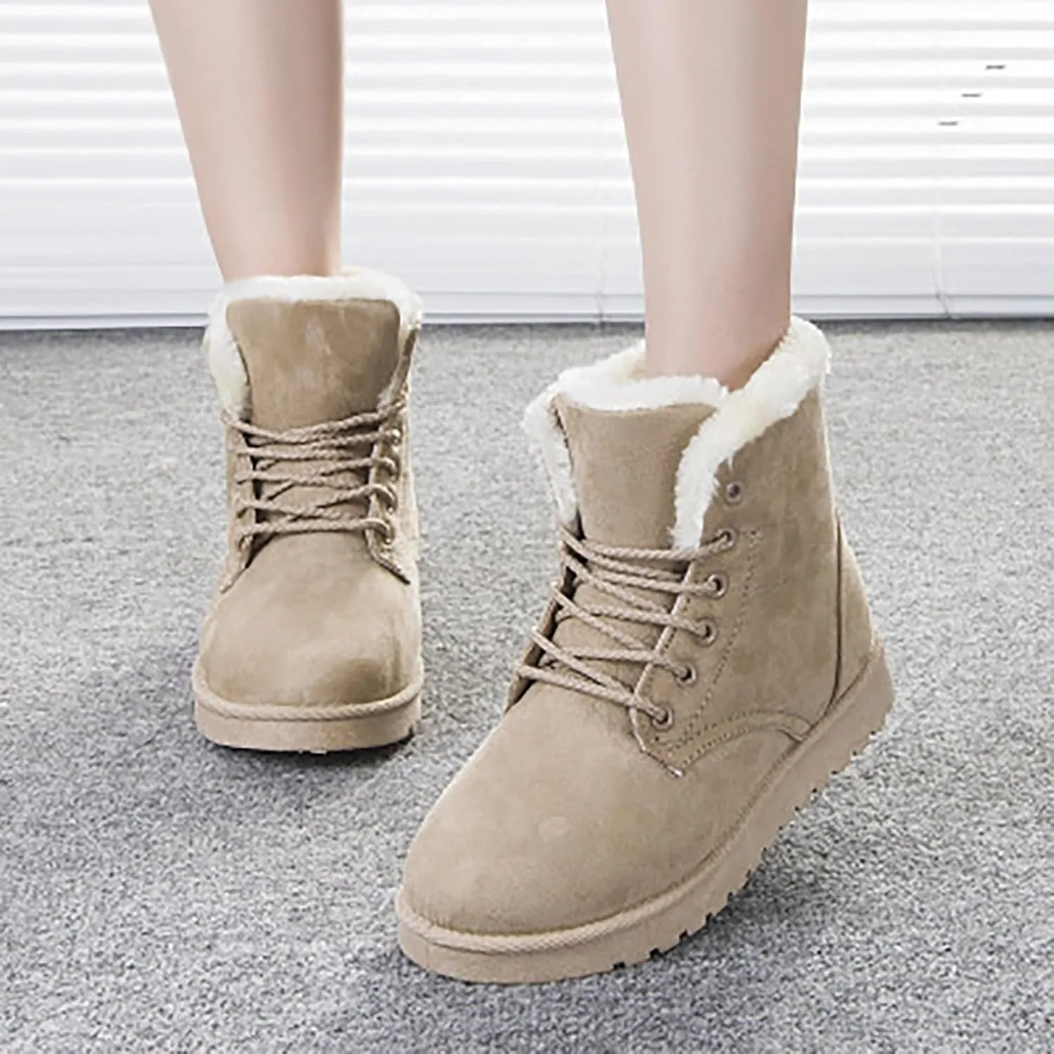 Women Snow Ankle Boots Plush Lined Mid Calf Boots For Women Soft Sole Flat Shoes Lace Up Hiking Boots Women