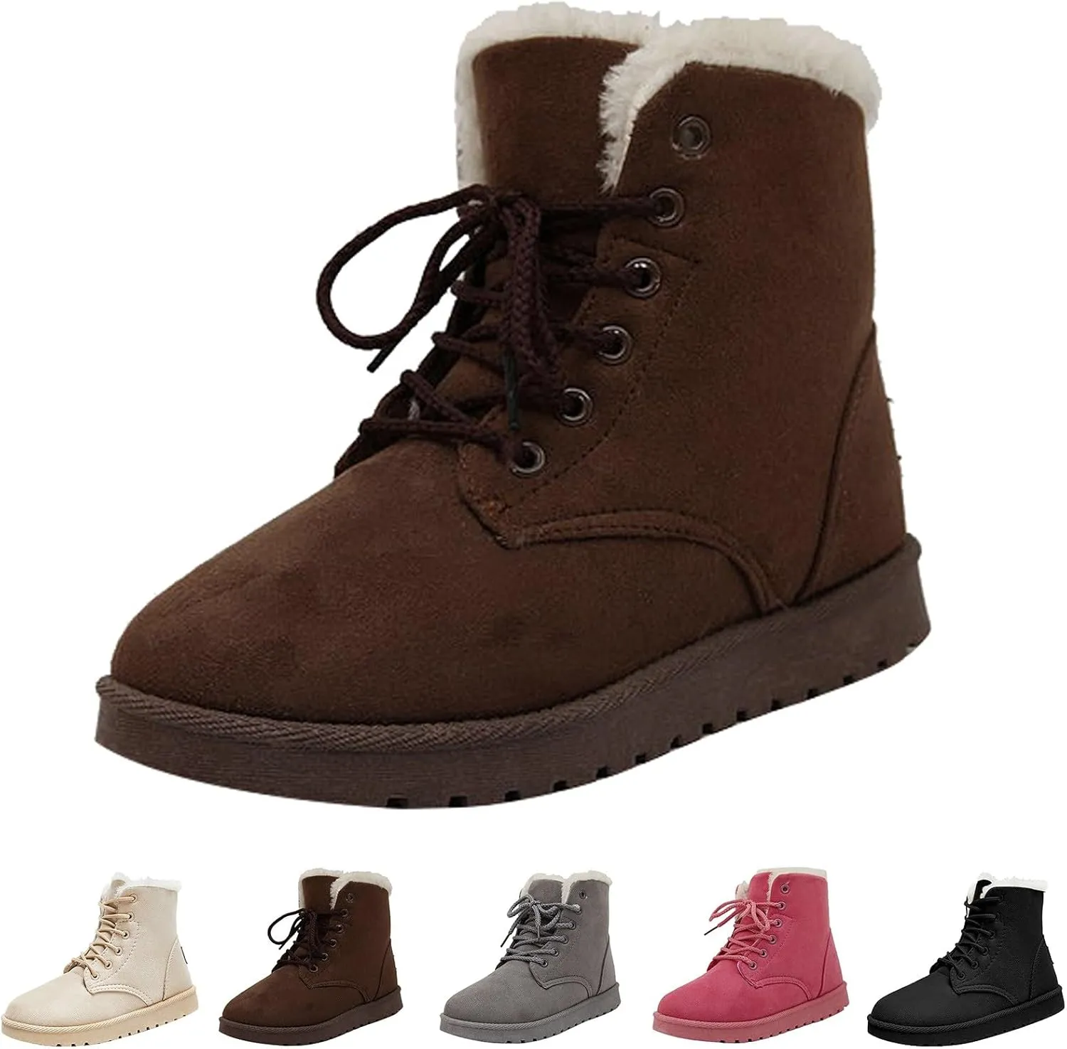 Women Snow Ankle Boots Plush Lined Mid Calf Boots For Women Soft Sole Flat Shoes Lace Up Hiking Boots Women