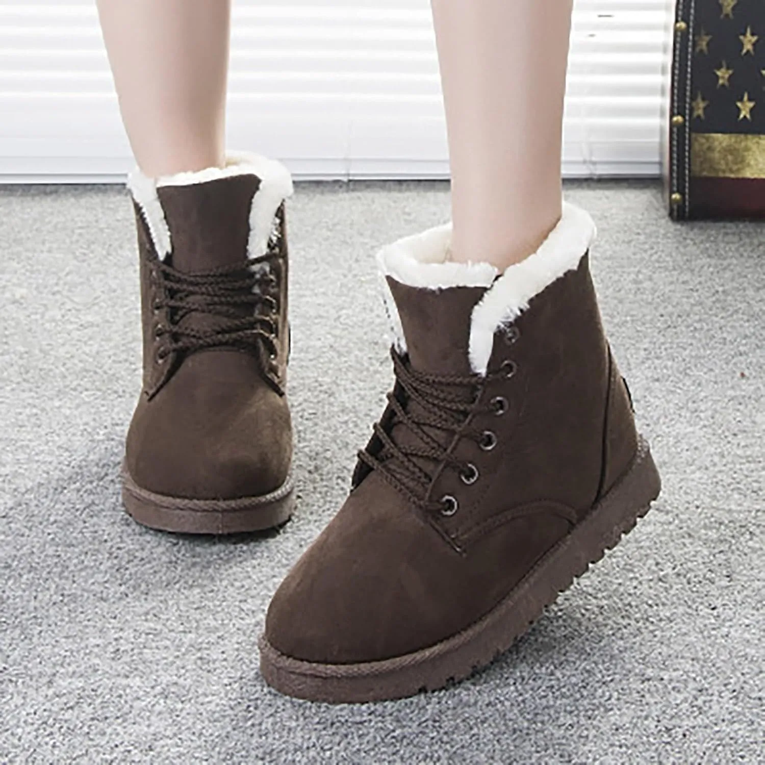 Women Snow Ankle Boots Plush Lined Mid Calf Boots For Women Soft Sole Flat Shoes Lace Up Hiking Boots Women