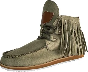 Women's Ankle Boots Low Heel Short Boots Retro Boho Suede Tassel Fringe Boots Lace Up Round Toe Flat Walking Booties - Blue, US Size 8.5 (Asian Size 40)