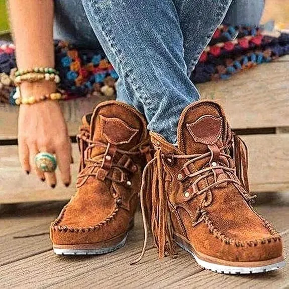 Women's Ankle Boots Low Heel Short Boots Retro Boho Suede Tassel Fringe Boots Lace Up Round Toe Flat Walking Booties - Blue, US Size 8.5 (Asian Size 40)
