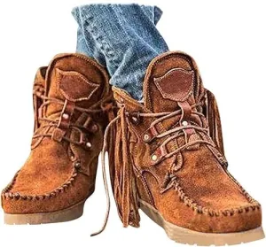 Women's Ankle Boots Low Heel Short Boots Retro Boho Suede Tassel Fringe Boots Lace Up Round Toe Flat Walking Booties - Blue, US Size 8.5 (Asian Size 40)
