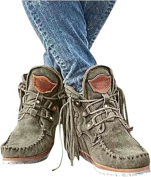 Women's Ankle Boots Low Heel Short Boots Retro Boho Suede Tassel Fringe Boots Lace Up Round Toe Flat Walking Booties - Blue, US Size 8.5 (Asian Size 40)
