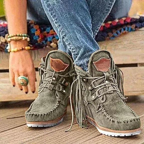 Women's Ankle Boots Low Heel Short Boots Retro Boho Suede Tassel Fringe Boots Lace Up Round Toe Flat Walking Booties - Blue, US Size 8.5 (Asian Size 40)