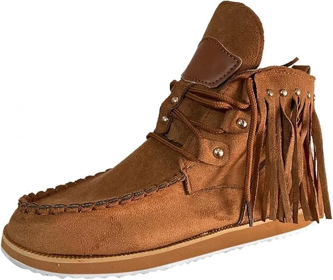 Women's Ankle Boots Low Heel Short Boots Retro Boho Suede Tassel Fringe Boots Lace Up Round Toe Flat Walking Booties - Blue, US Size 8.5 (Asian Size 40)