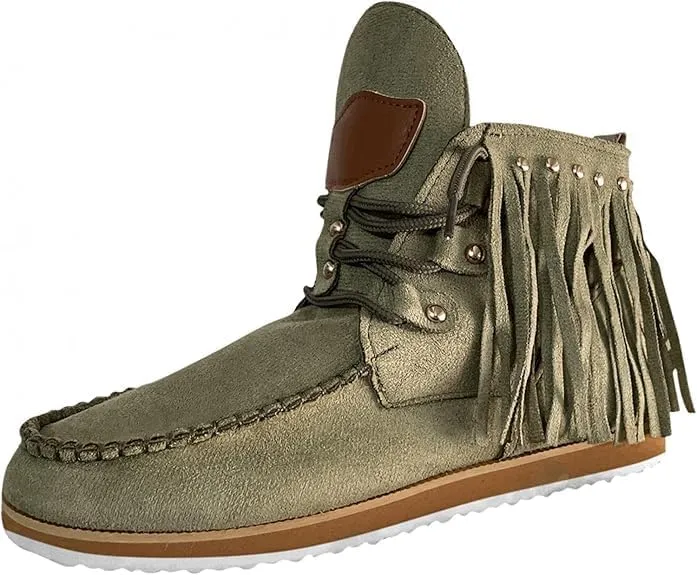 Women's Ankle Boots Low Heel Short Boots Retro Boho Suede Tassel Fringe Boots Lace Up Round Toe Flat Walking Booties - Blue, US Size 8.5 (Asian Size 40)