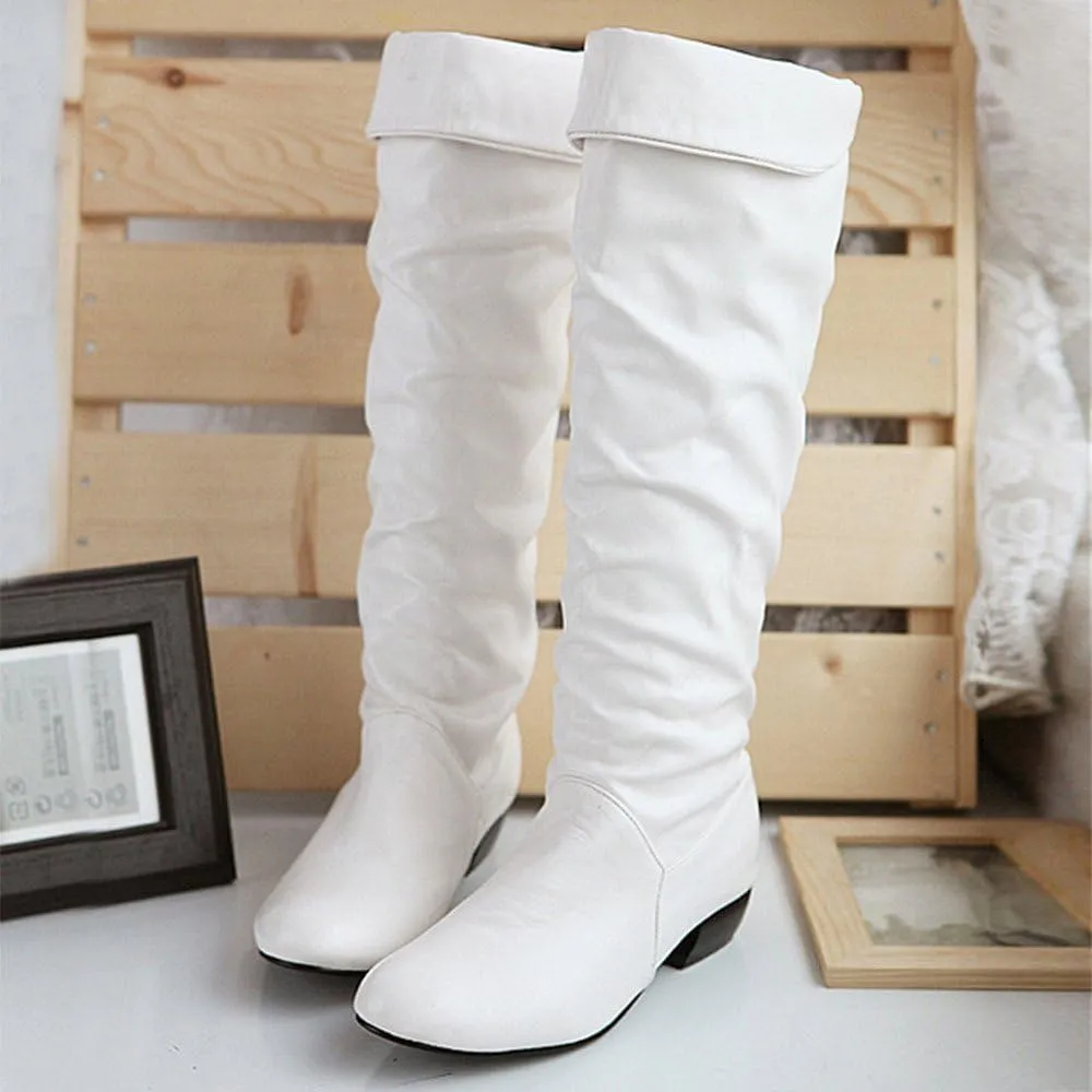 Womens Boots Fashion Side Zipper Thick Heels Retro Boots for Women Round Head Pleated PU Leather Mid-Calf Boots