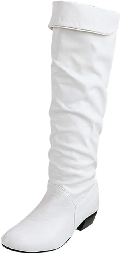 Womens Boots Fashion Side Zipper Thick Heels Retro Boots for Women Round Head Pleated PU Leather Mid-Calf Boots