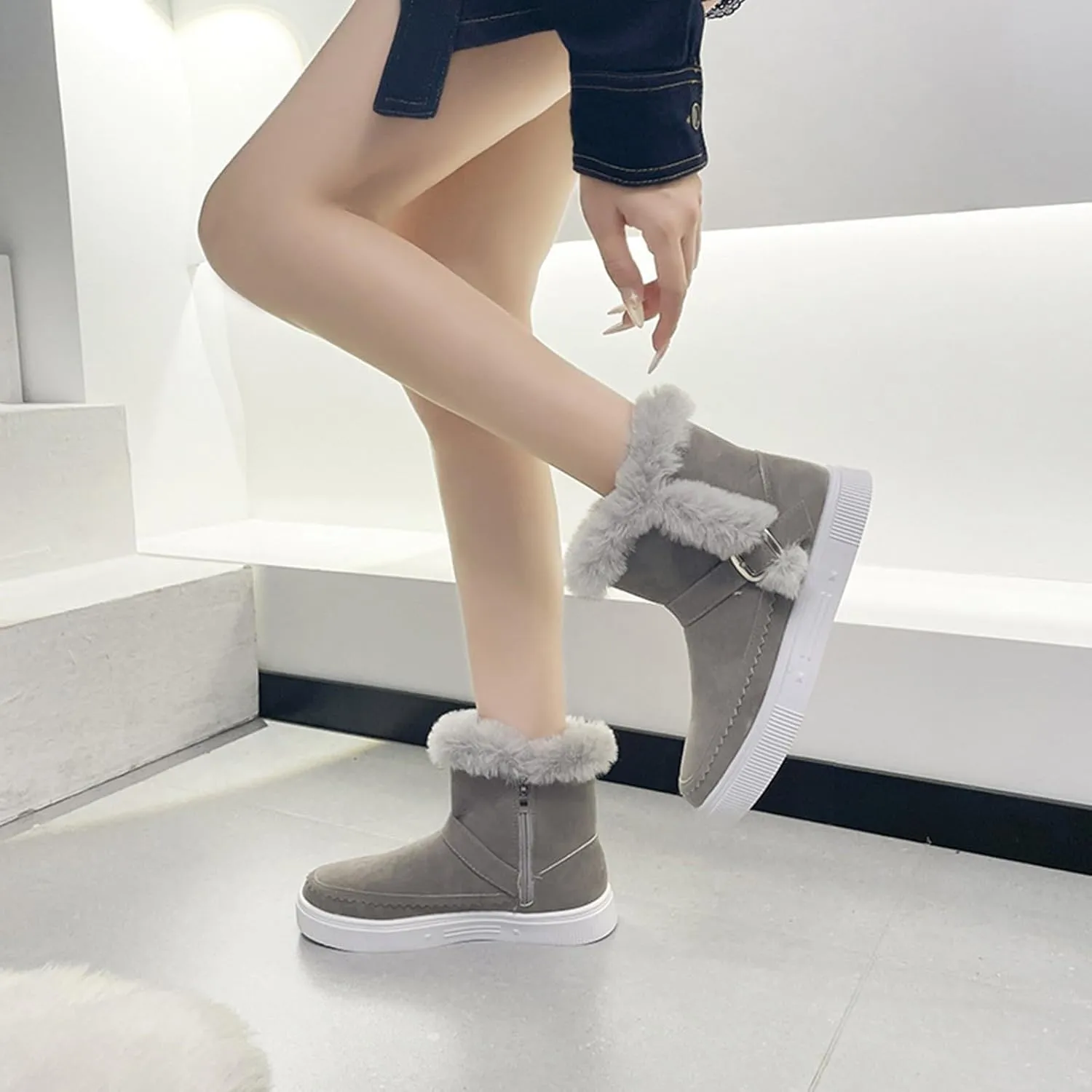 Womens Boots Fuzzy Fur Lined Thick Wedges Fashion Boots for Women Soft Leather Warm Snow Boots for Women