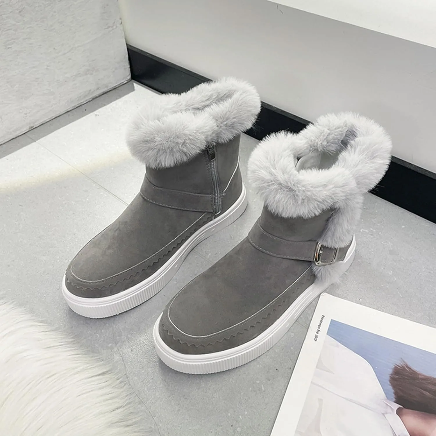 Womens Boots Fuzzy Fur Lined Thick Wedges Fashion Boots for Women Soft Leather Warm Snow Boots for Women