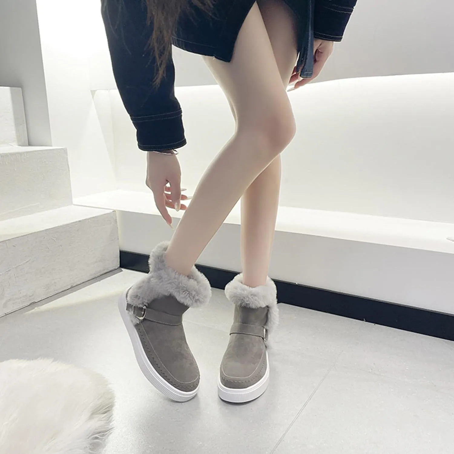 Womens Boots Fuzzy Fur Lined Thick Wedges Fashion Boots for Women Soft Leather Warm Snow Boots for Women