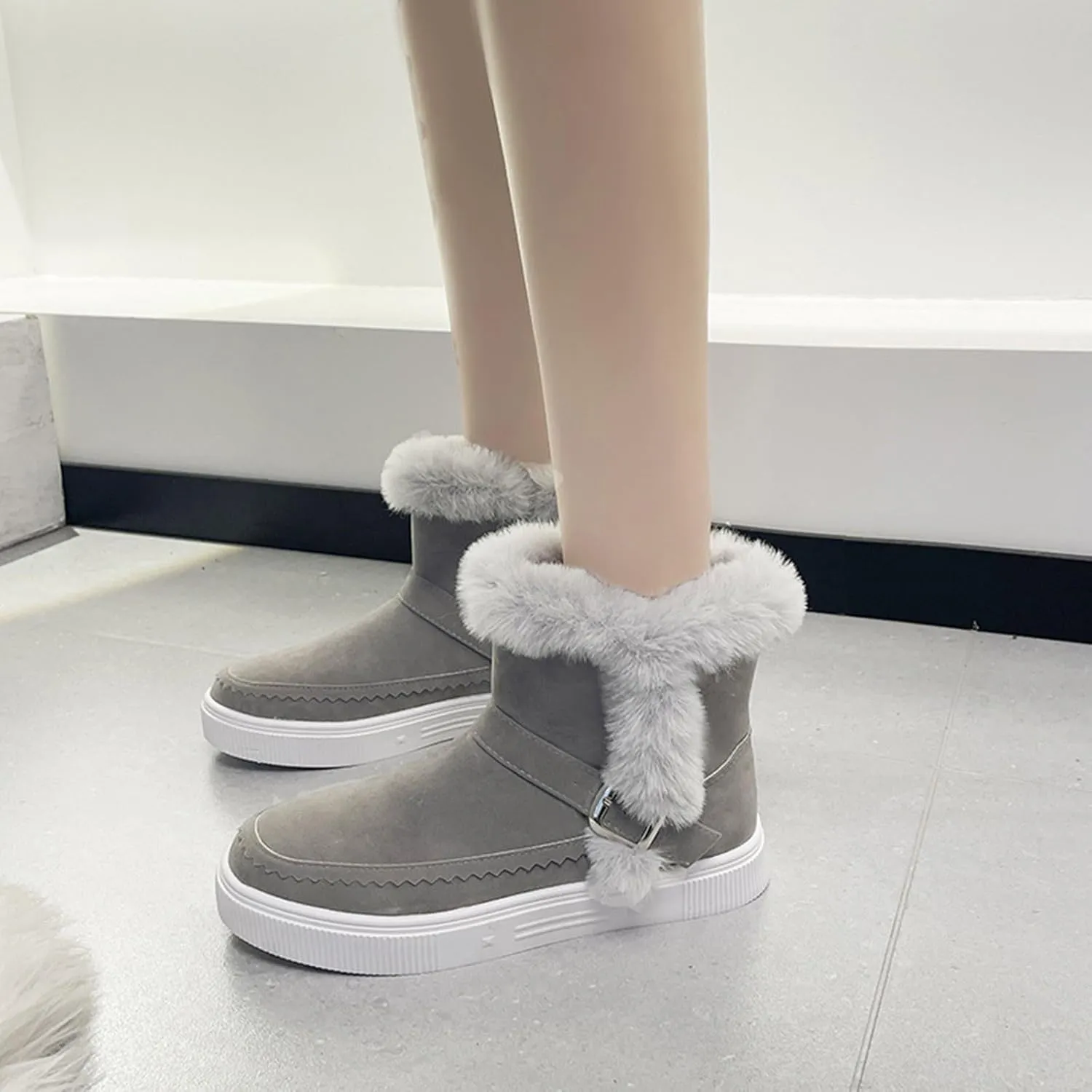 Womens Boots Fuzzy Fur Lined Thick Wedges Fashion Boots for Women Soft Leather Warm Snow Boots for Women