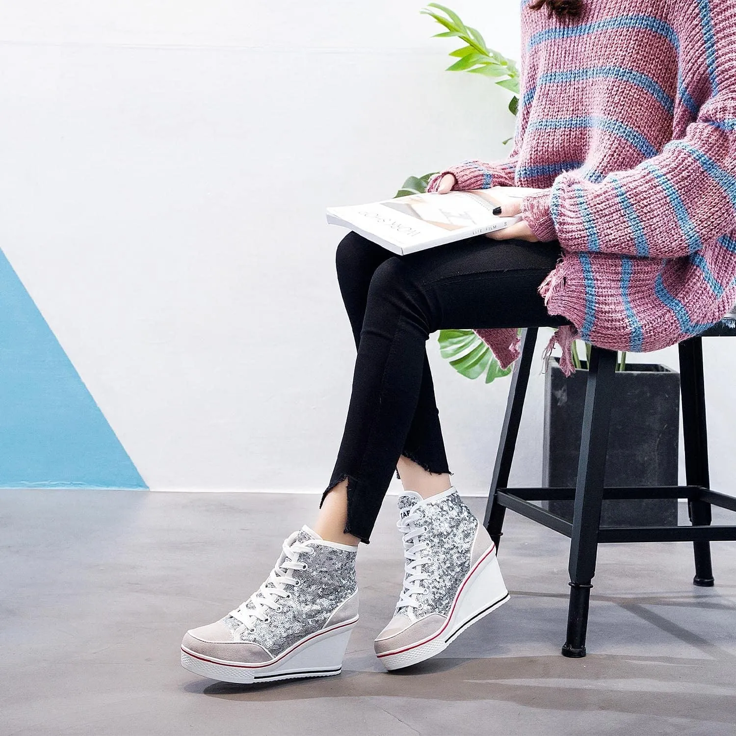 Women's Canvas Casual Shoes Dating Platform Slip-On High Top Sneakers Rubber Sole Wedge High Top Fashion Sneakers