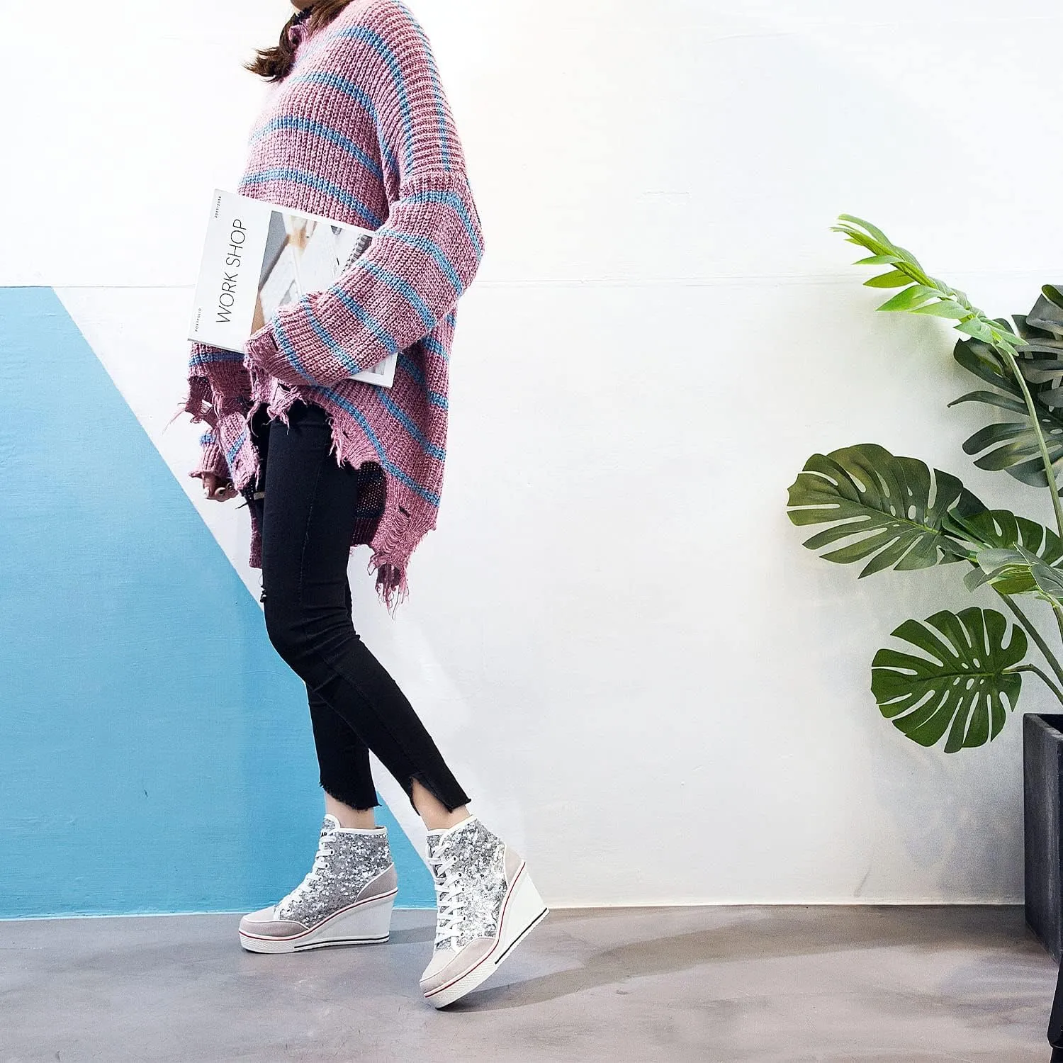 Women's Canvas Casual Shoes Dating Platform Slip-On High Top Sneakers Rubber Sole Wedge High Top Fashion Sneakers