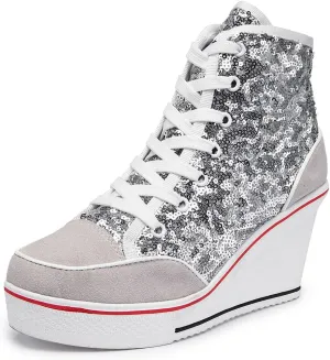 Women's Canvas Casual Shoes Dating Platform Slip-On High Top Sneakers Rubber Sole Wedge High Top Fashion Sneakers