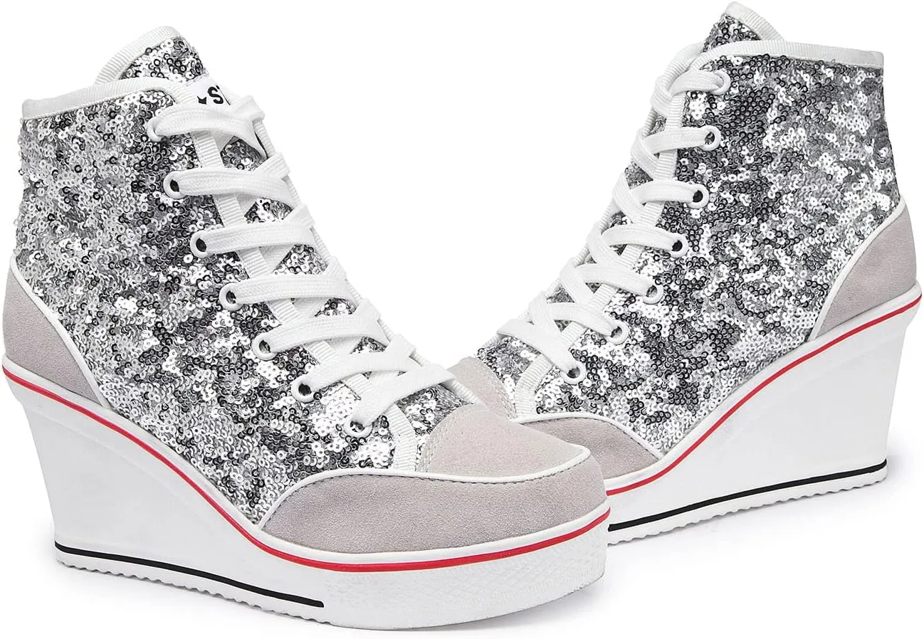 Women's Canvas Casual Shoes Dating Platform Slip-On High Top Sneakers Rubber Sole Wedge High Top Fashion Sneakers