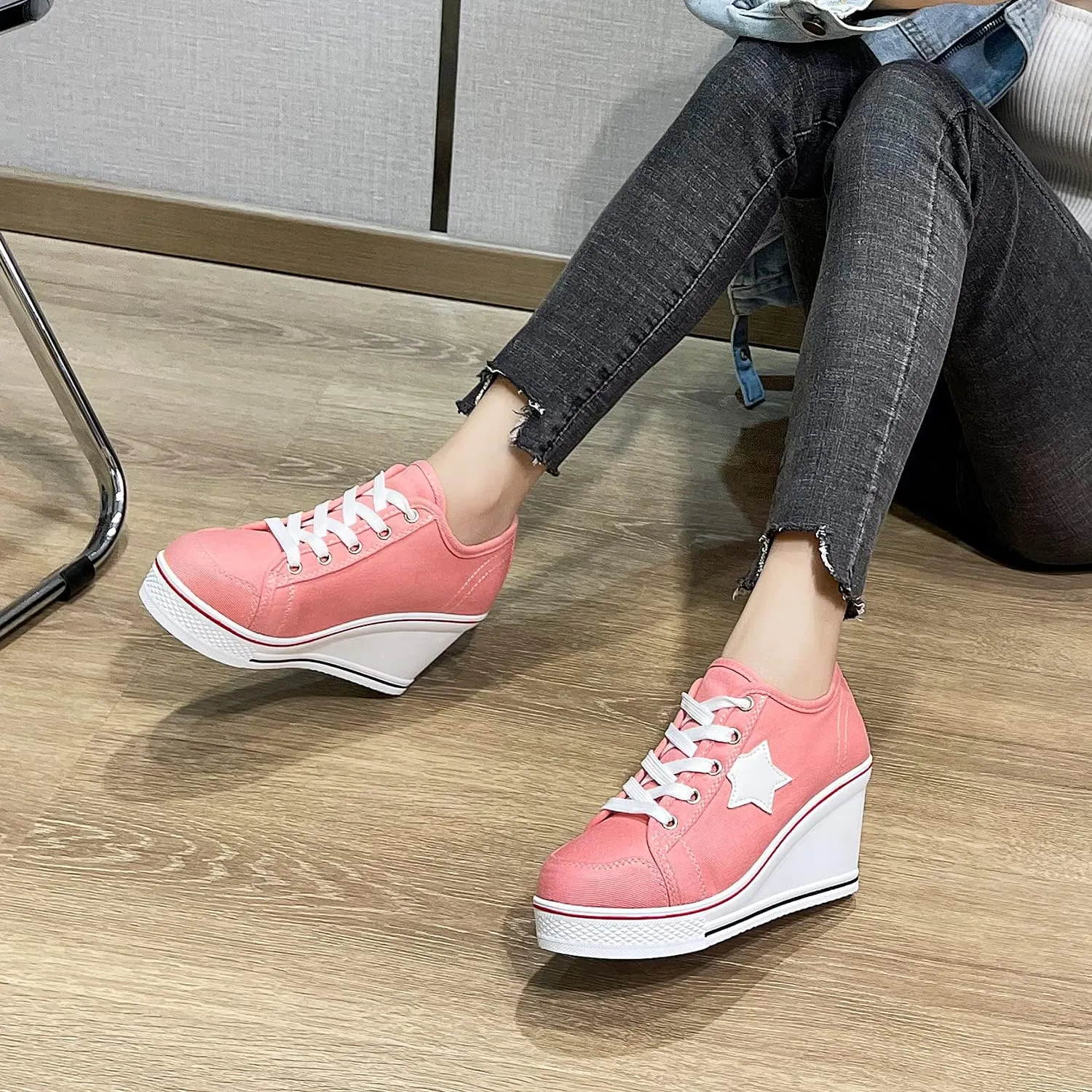 Women's Canvas High-Heeled Shoes Fashion Sneakers Casual Shoes for Walking Platform Wedges Pump Shoes