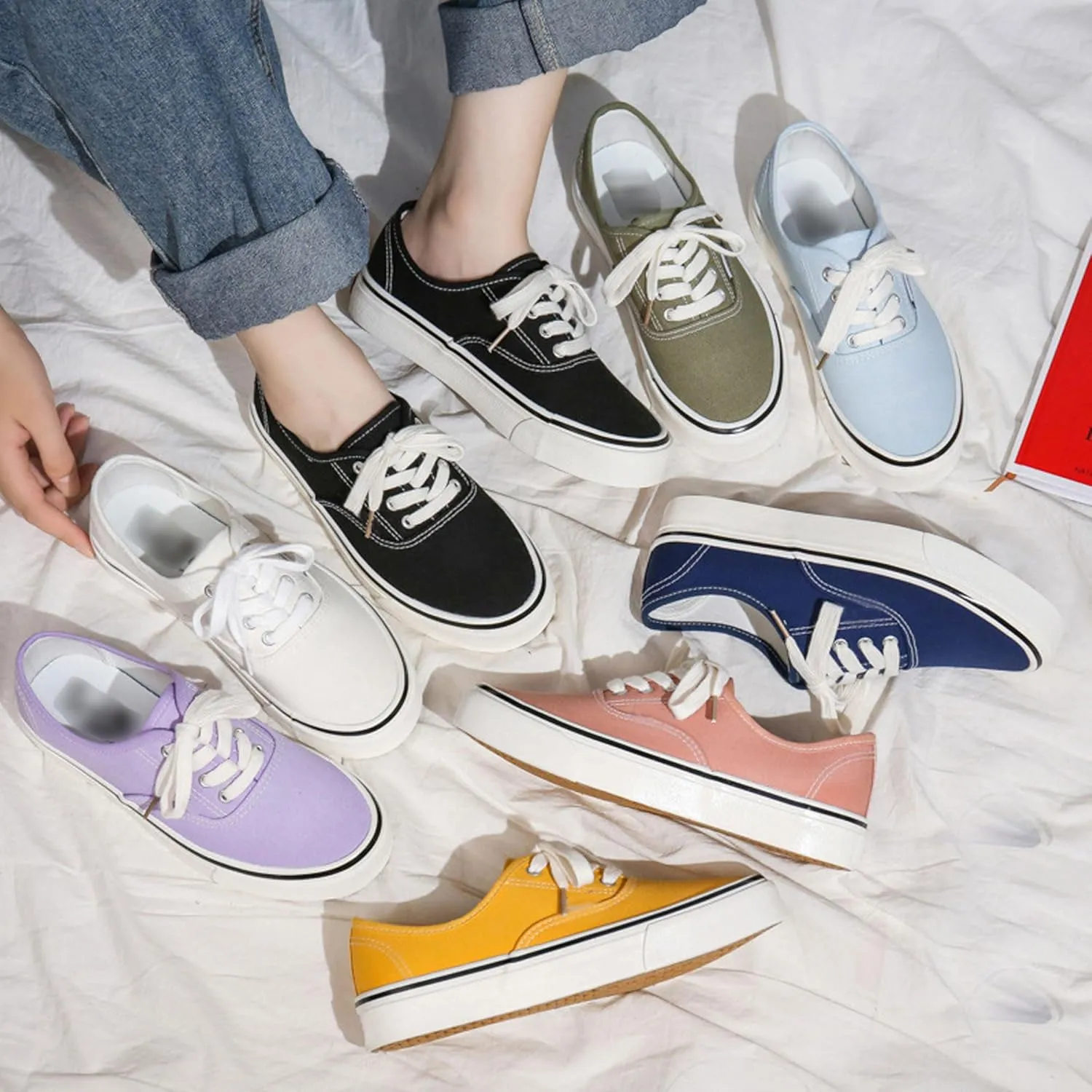 Women's Canvas Shoes Low Top Fashion Classic Slip on Canvas Sneakers Lace-up Walking Shoes Tennis Shoes