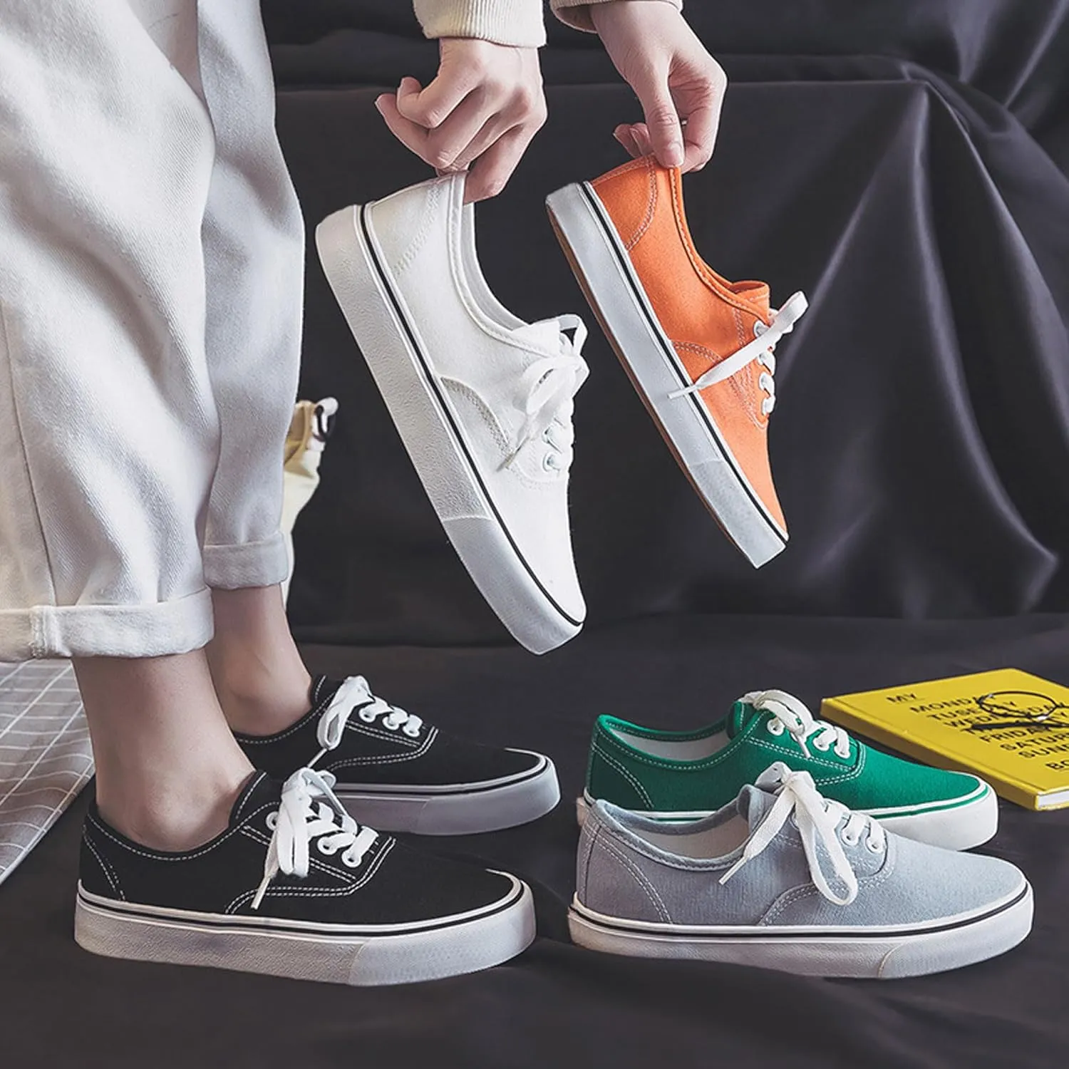 Women's Canvas Shoes Low Top Fashion Classic Slip on Canvas Sneakers Lace-up Walking Shoes Tennis Shoes
