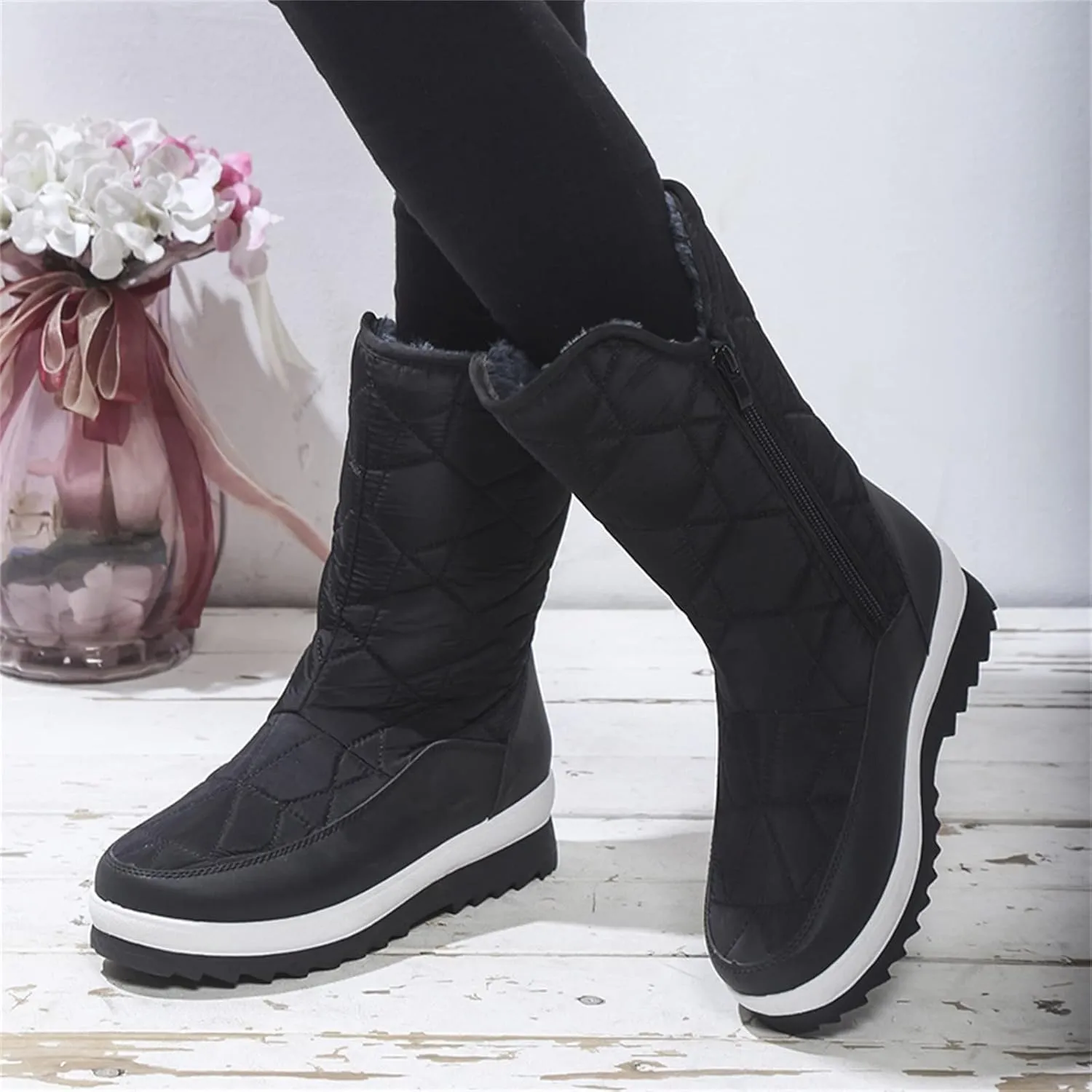 Women's Pull on Snow Boot Mid Calf Waterproof Winter Warm Lightweight Non Slip Faux Fur Lined Platform Ankle Booties