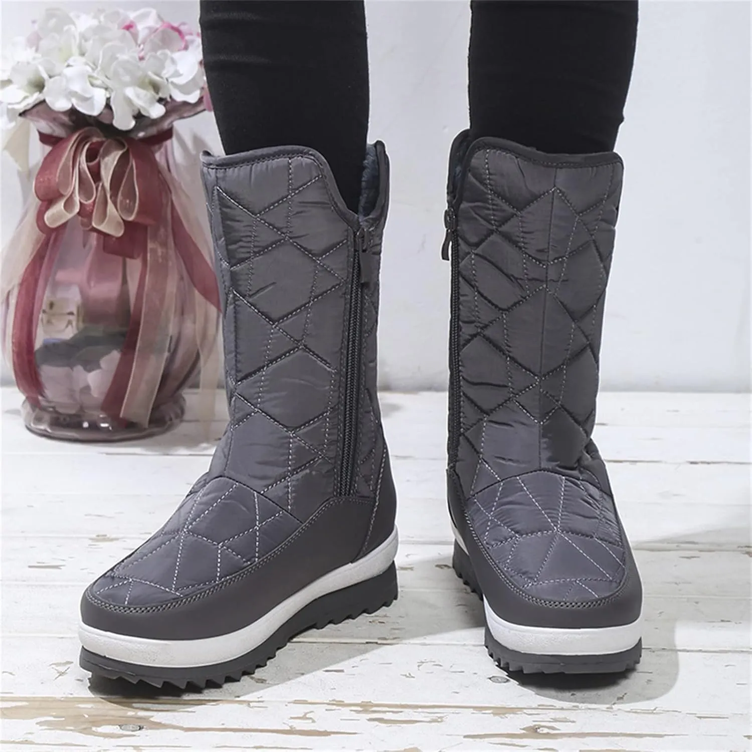Women's Pull on Snow Boot Mid Calf Waterproof Winter Warm Lightweight Non Slip Faux Fur Lined Platform Ankle Booties