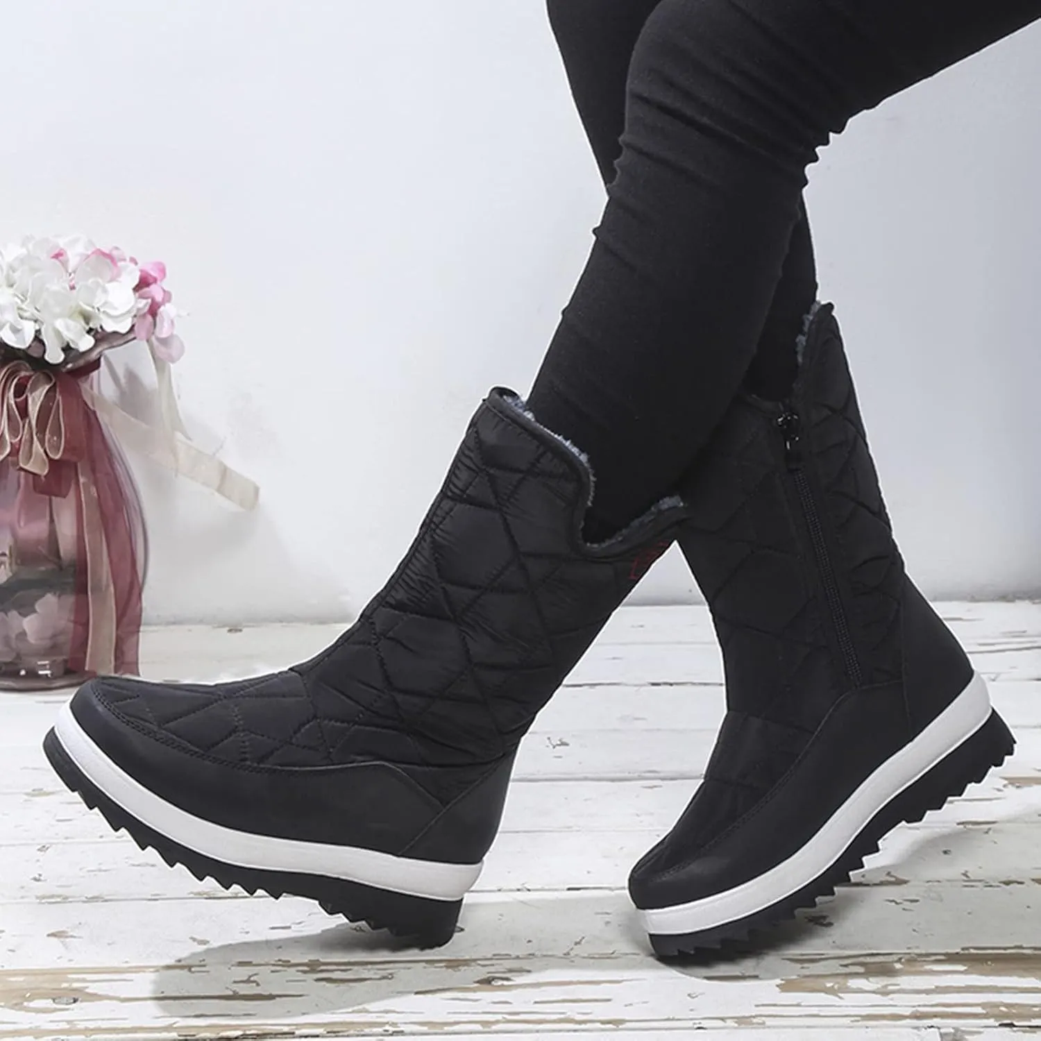 Women's Pull on Snow Boot Mid Calf Waterproof Winter Warm Lightweight Non Slip Faux Fur Lined Platform Ankle Booties