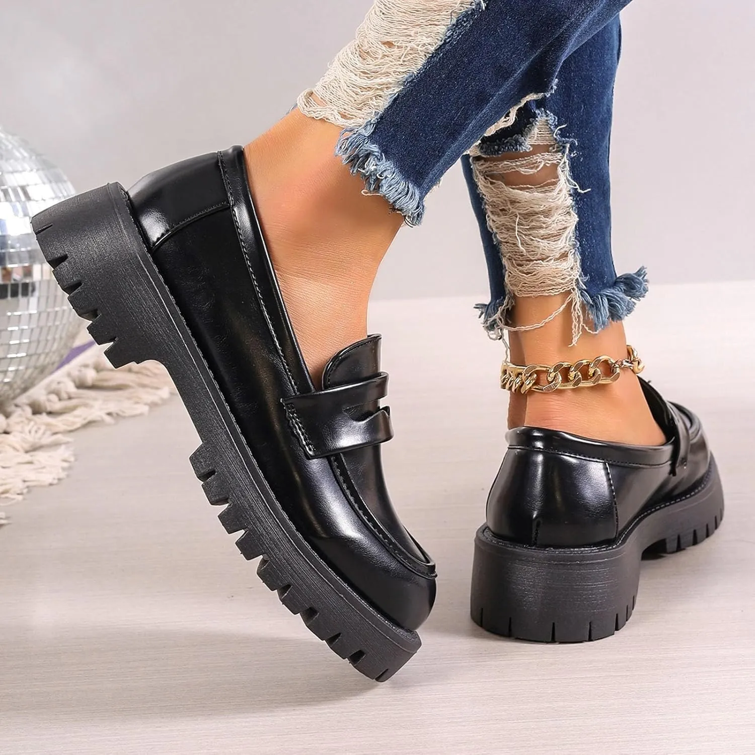 Womens Slip On Penny Loafers Height Enhancing Loafer Shoes Glossy Leather Work Shoes Wide Width Dress Shoes for Women