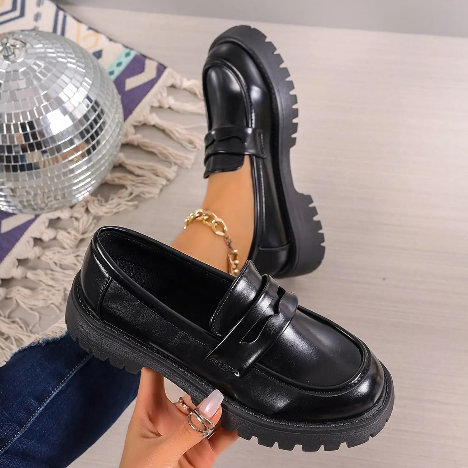 Womens Slip On Penny Loafers Height Enhancing Loafer Shoes Glossy Leather Work Shoes Wide Width Dress Shoes for Women