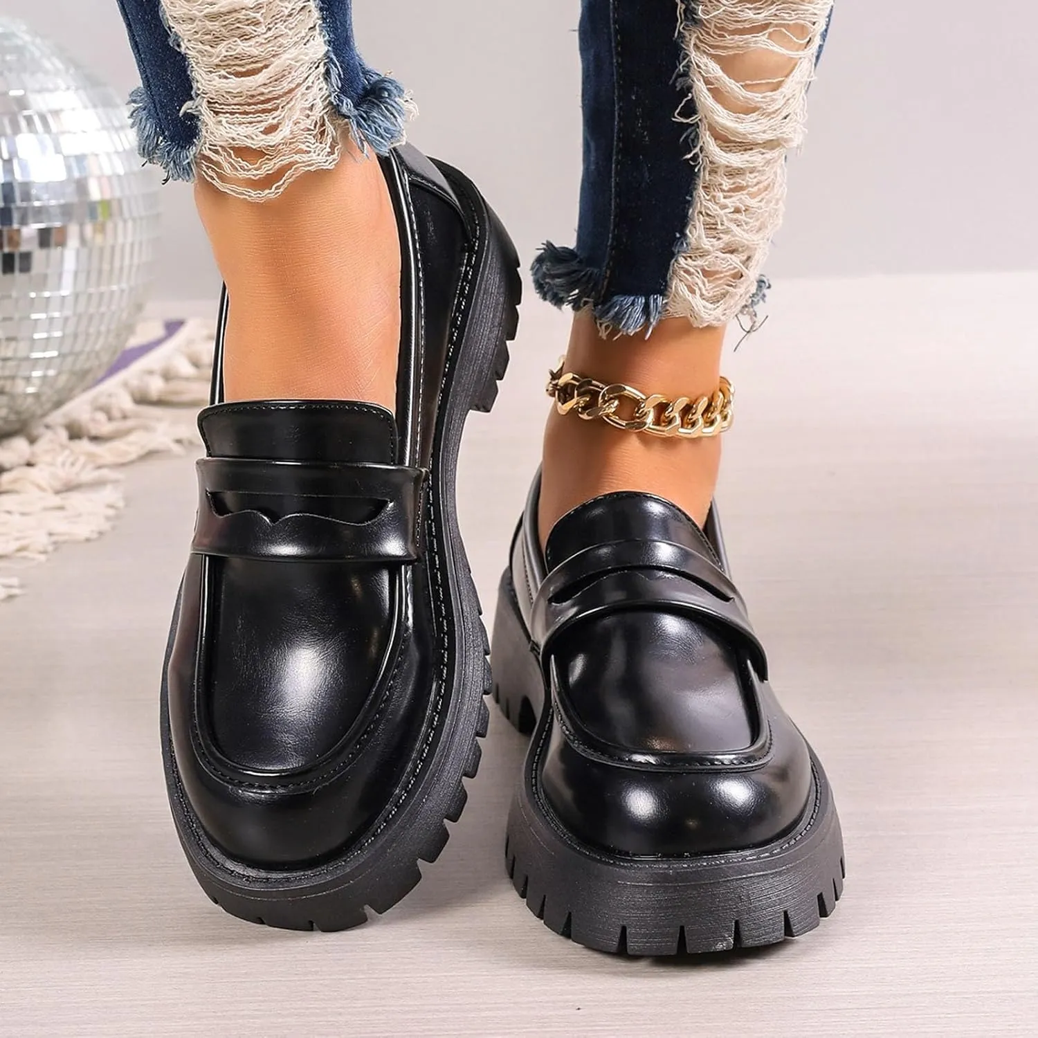 Womens Slip On Penny Loafers Height Enhancing Loafer Shoes Glossy Leather Work Shoes Wide Width Dress Shoes for Women