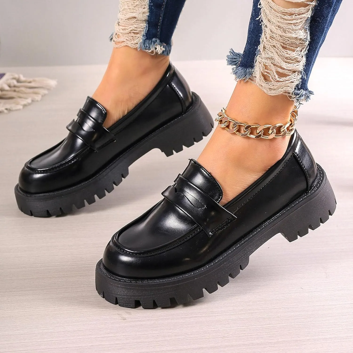Womens Slip On Penny Loafers Height Enhancing Loafer Shoes Glossy Leather Work Shoes Wide Width Dress Shoes for Women