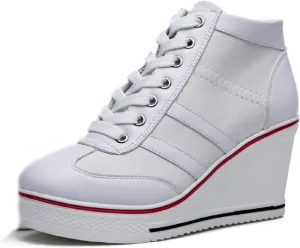 Women's Sneaker Shoes High Heel Fashionable Canvas Shoes High Tube Lace Up Wedge Edge Zipper Slope Angle Shoes Size 4-11
