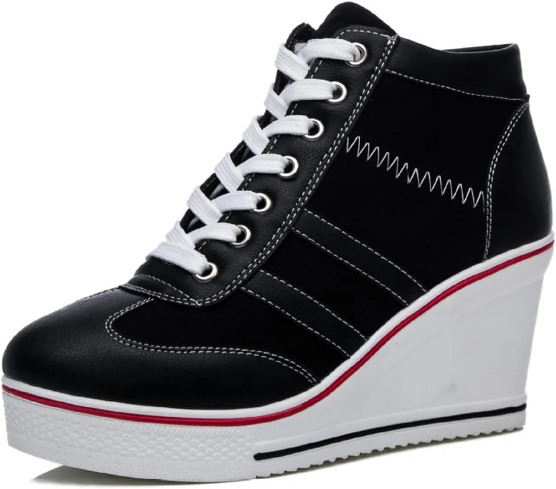 Women's Sneaker Shoes High Heel Fashionable Canvas Shoes High Tube Lace Up Wedge Edge Zipper Slope Angle Shoes Size 4-11