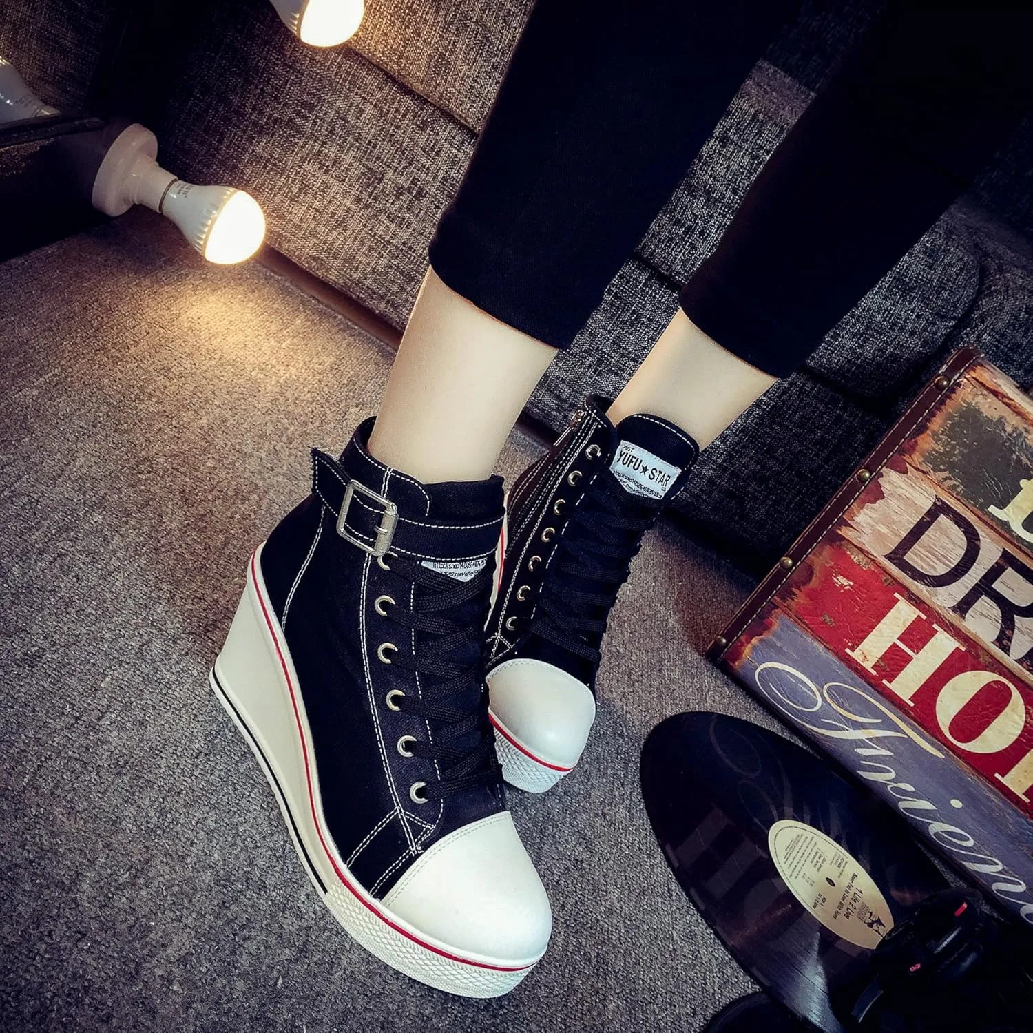 Women's Sneaker Shoes High Heel Fashionable Canvas Shoes High Tube Lace Up Wedge Edge Zipper Slope Angle Shoes Size 4-11