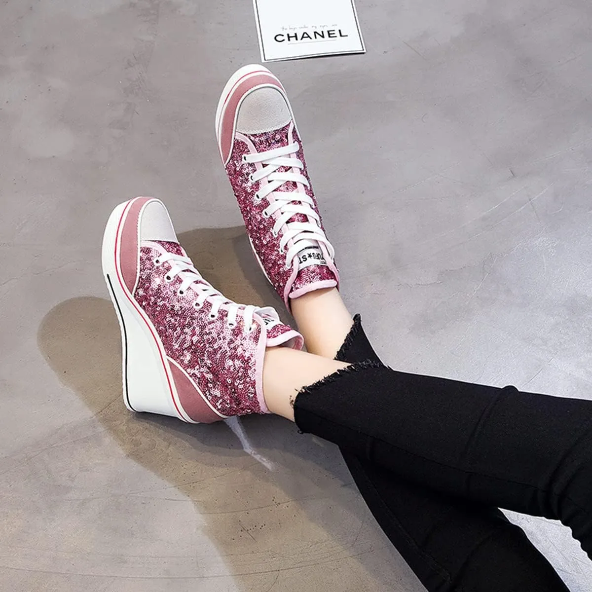 Women's Sneaker Shoes High Heel Fashionable Canvas Shoes High Tube Lace Up Wedge Edge Zipper Slope Angle Shoes Size 4-11