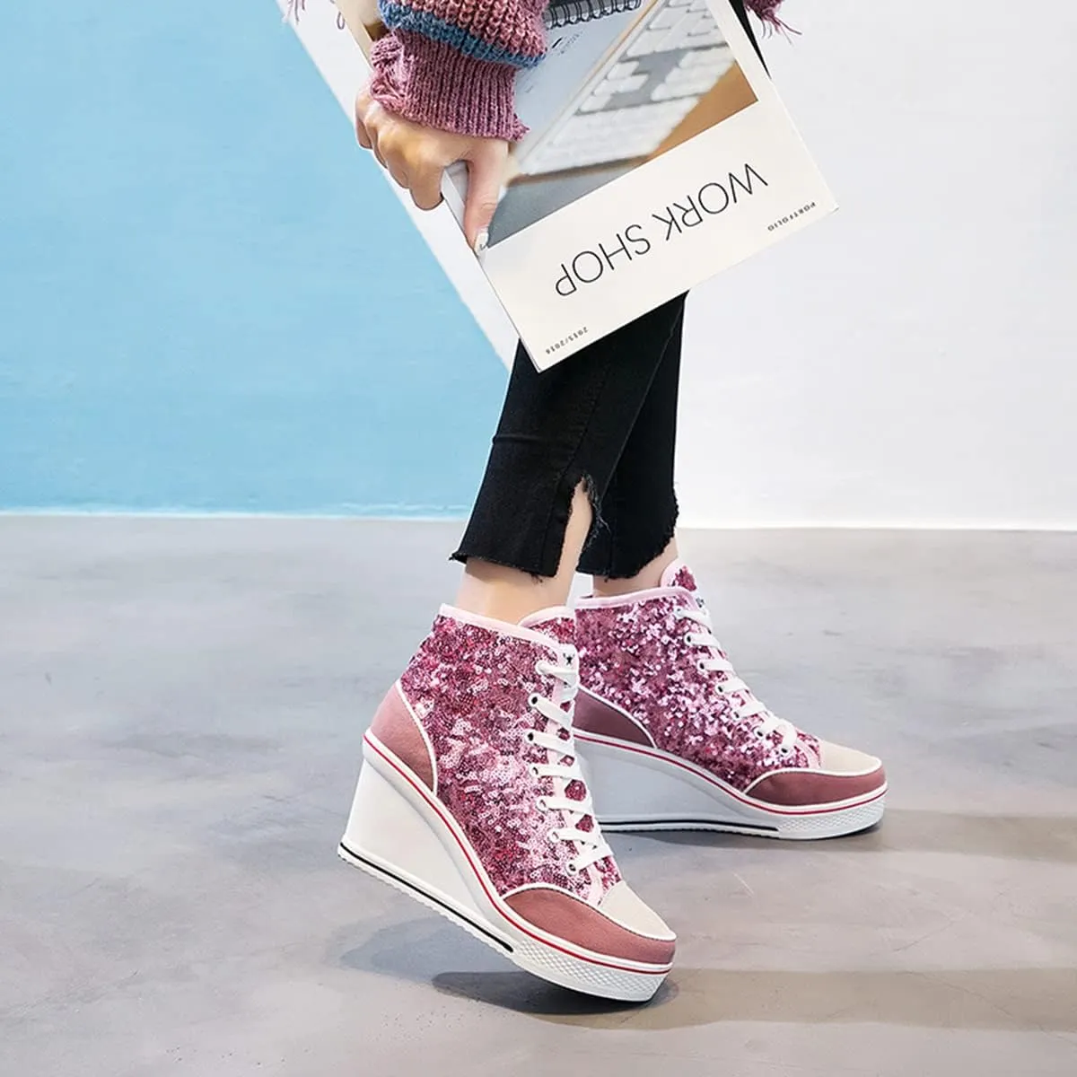 Women's Sneaker Shoes High Heel Fashionable Canvas Shoes High Tube Lace Up Wedge Edge Zipper Slope Angle Shoes Size 4-11