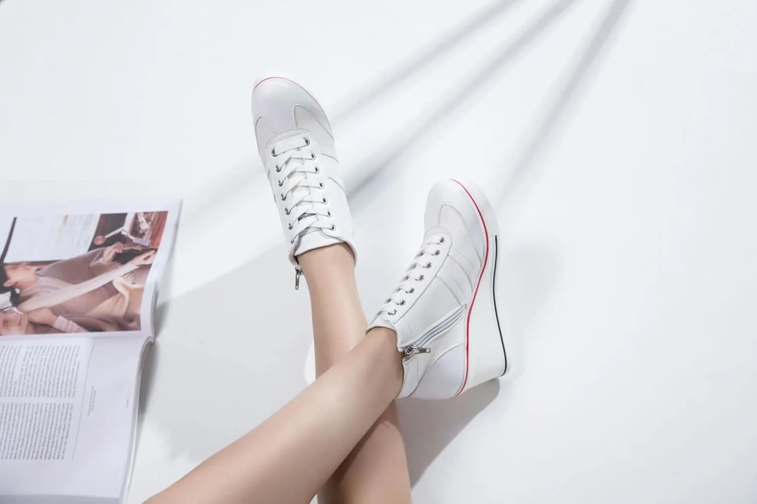 Women's Sneaker Shoes High Heel Fashionable Canvas Shoes High Tube Lace Up Wedge Edge Zipper Slope Angle Shoes Size 4-11