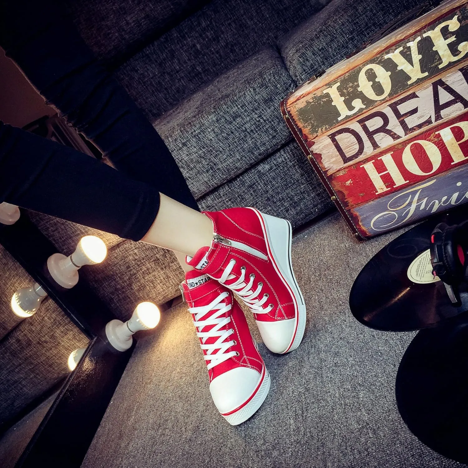 Women's Sneaker Shoes High Heel Fashionable Canvas Shoes High Tube Lace Up Wedge Edge Zipper Slope Angle Shoes Size 4-11