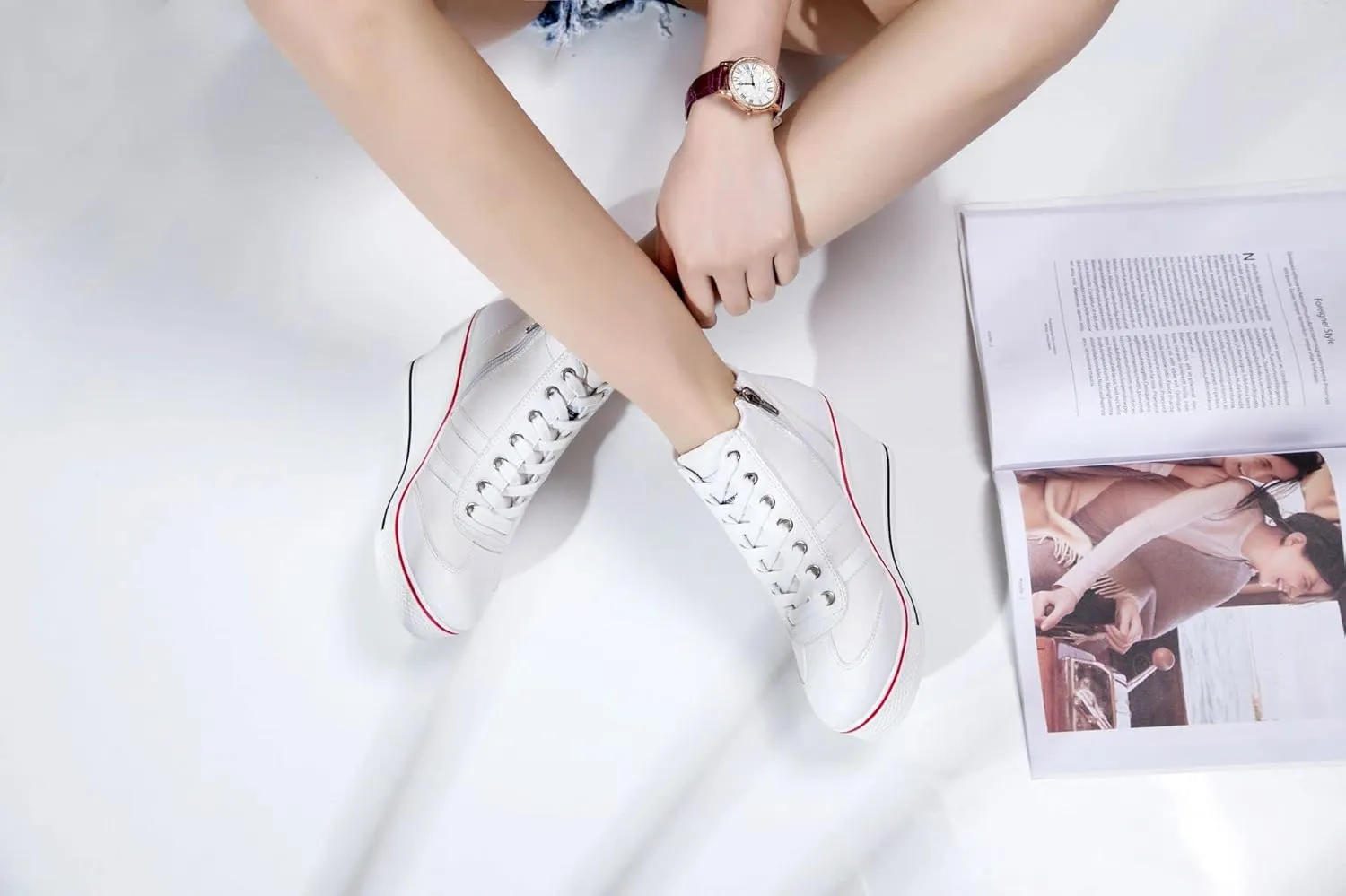 Women's Sneaker Shoes High Heel Fashionable Canvas Shoes High Tube Lace Up Wedge Edge Zipper Slope Angle Shoes Size 4-11