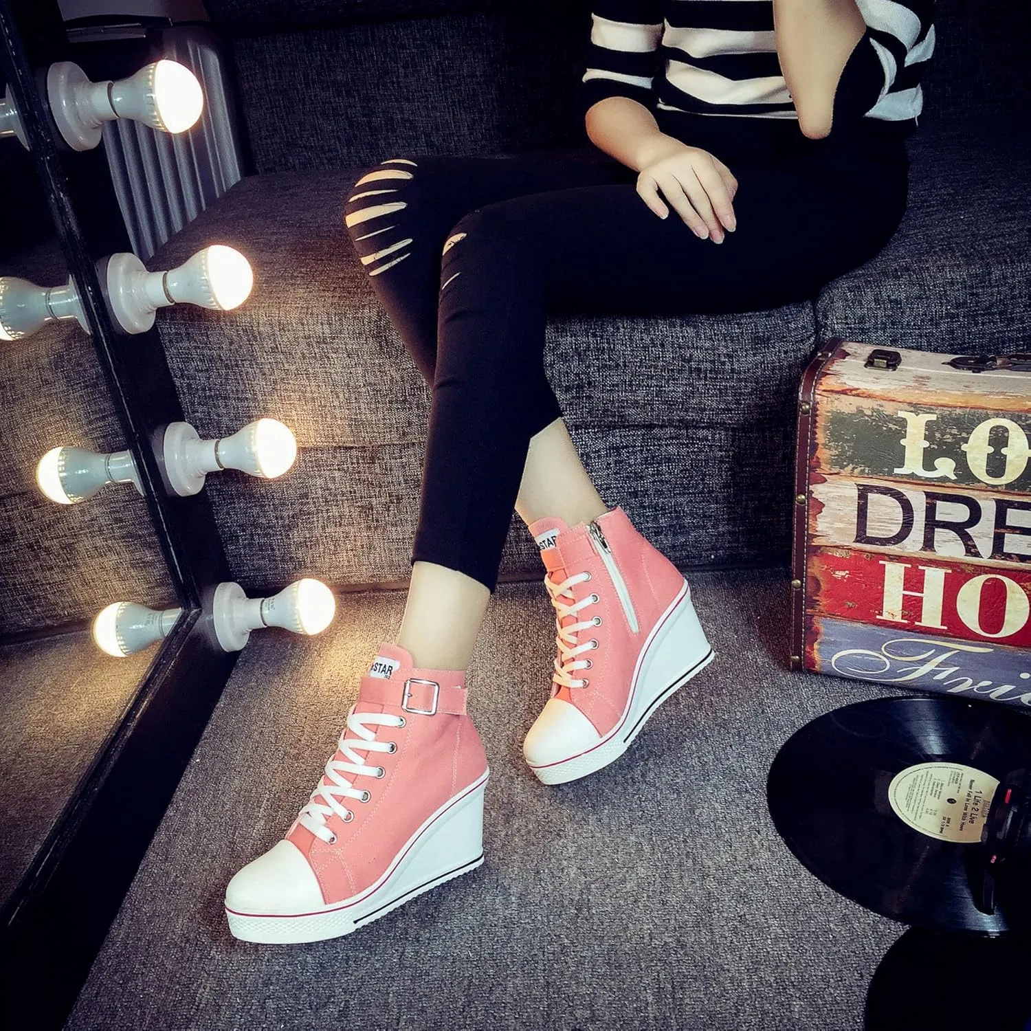 Women's Sneaker Shoes High Heel Fashionable Canvas Shoes High Tube Lace Up Wedge Edge Zipper Slope Angle Shoes Size 4-11