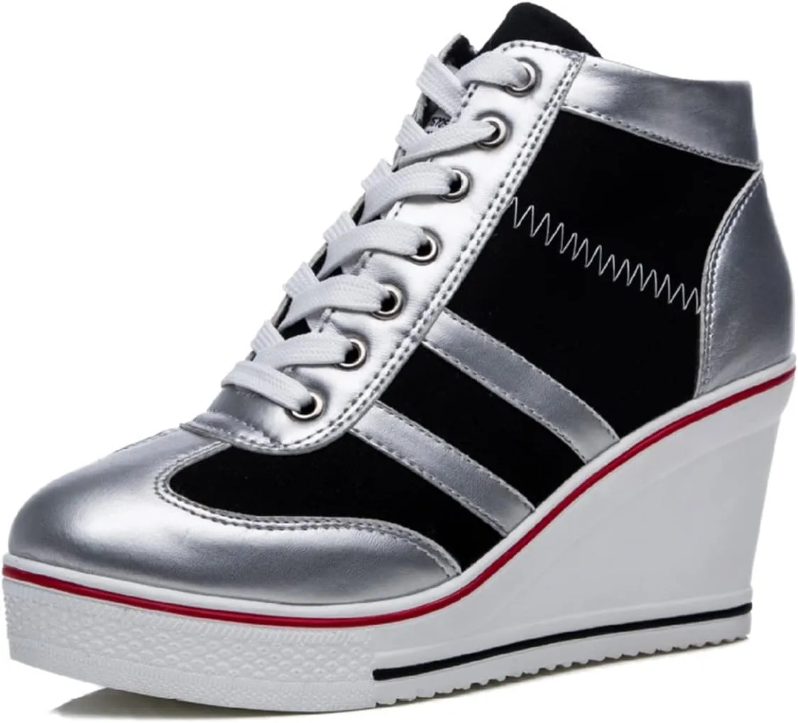 Women's Sneaker Shoes High Heel Fashionable Canvas Shoes High Tube Lace Up Wedge Edge Zipper Slope Angle Shoes Size 4-11