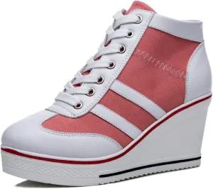 Women's Sneaker Shoes High Heel Fashionable Canvas Shoes High Tube Lace Up Wedge Edge Zipper Slope Angle Shoes Size 4-11