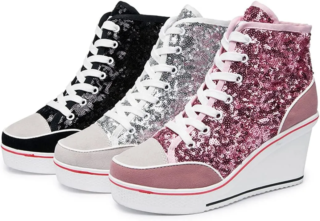 Women's Sneaker Shoes High Heel Fashionable Canvas Shoes High Tube Lace Up Wedge Edge Zipper Slope Angle Shoes Size 4-11