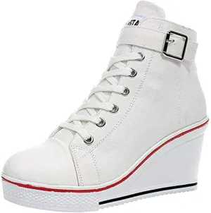Women's Sneaker Shoes High Heel Fashionable Canvas Shoes High Tube Lace Up Wedge Edge Zipper Slope Angle Shoes Size 4-11