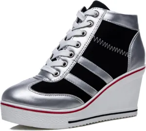 Women's Sneaker Shoes High Heel Fashionable Canvas Shoes High Tube Lace Up Wedge Edge Zipper Slope Angle Shoes Size 4-11