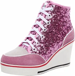 Women's Sneaker Shoes High Heel Fashionable Canvas Shoes High Tube Lace Up Wedge Edge Zipper Slope Angle Shoes Size 4-11