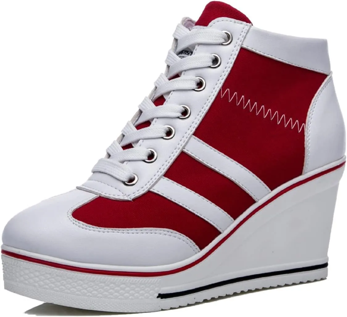 Women's Sneaker Shoes High Heel Fashionable Canvas Shoes High Tube Lace Up Wedge Edge Zipper Slope Angle Shoes Size 4-11