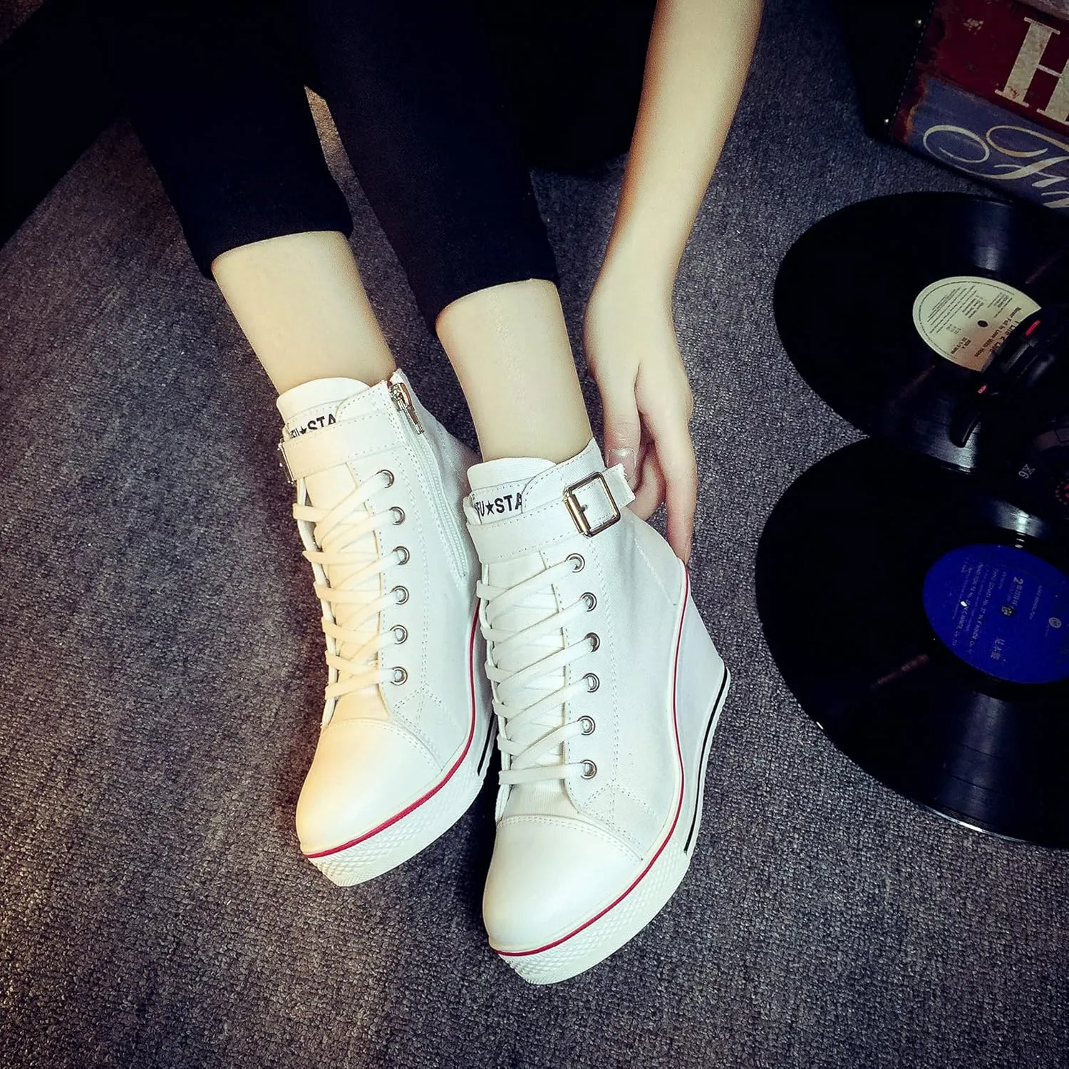Women's Sneaker Shoes High Heel Fashionable Canvas Shoes High Tube Lace Up Wedge Edge Zipper Slope Angle Shoes Size 4-11