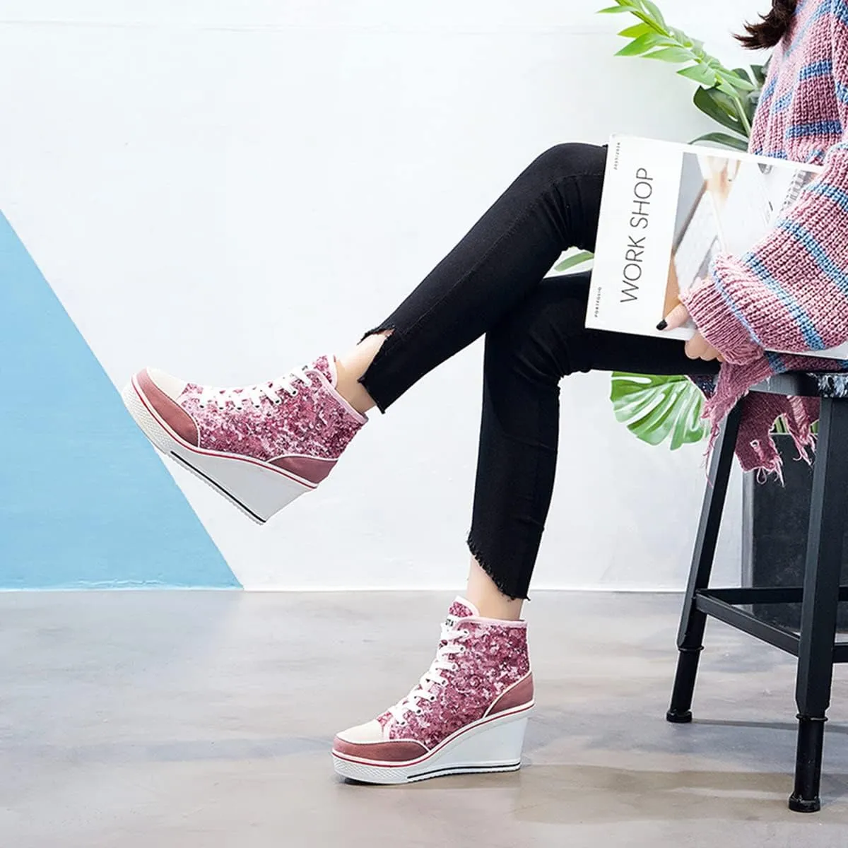 Women's Sneaker Shoes High Heel Fashionable Canvas Shoes High Tube Lace Up Wedge Edge Zipper Slope Angle Shoes Size 4-11