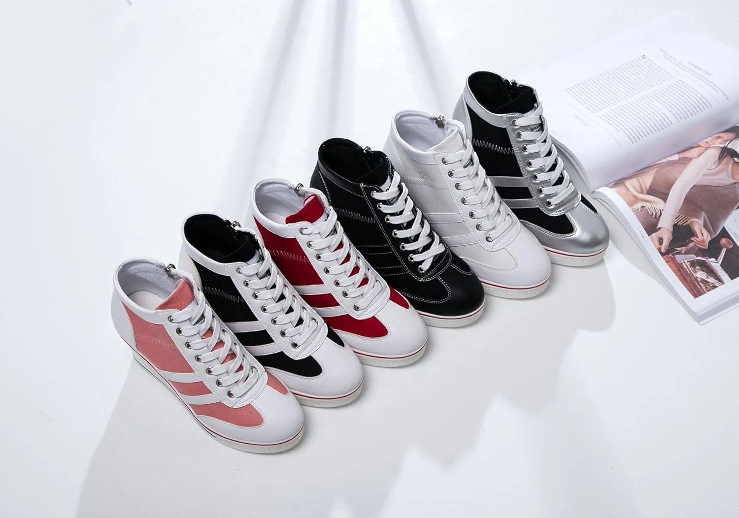 Women's Sneaker Shoes High Heel Fashionable Canvas Shoes High Tube Lace Up Wedge Edge Zipper Slope Angle Shoes Size 4-11