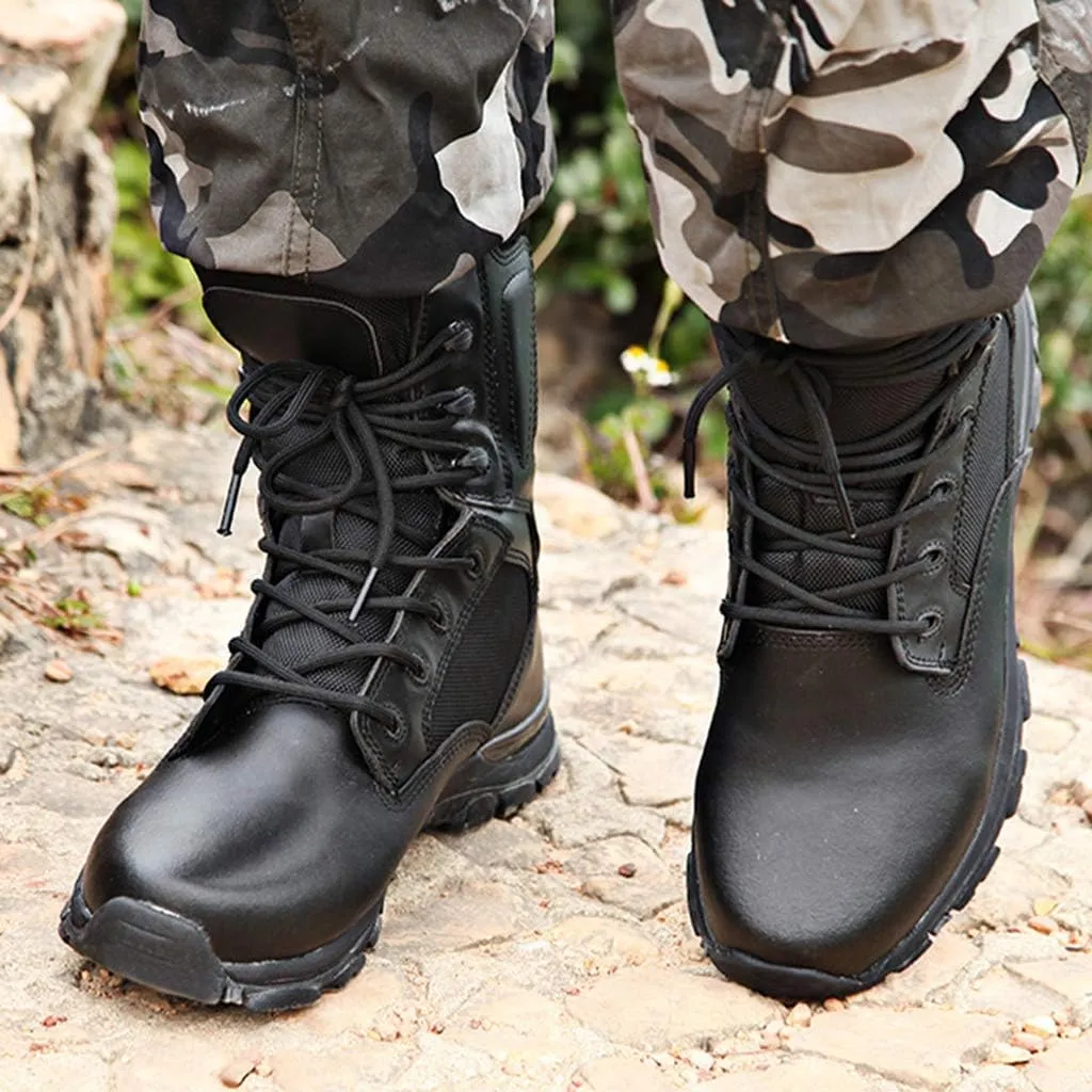 Wygwlg Mens Leather Combat Ankle Boots Summer Military Boot Breathable Safety Trainers Police Work Shoes Special Forces Boot